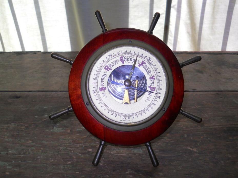 Vintage West Germany Brass & Wood Barometer Ships Wheel Nautical Weather Watch