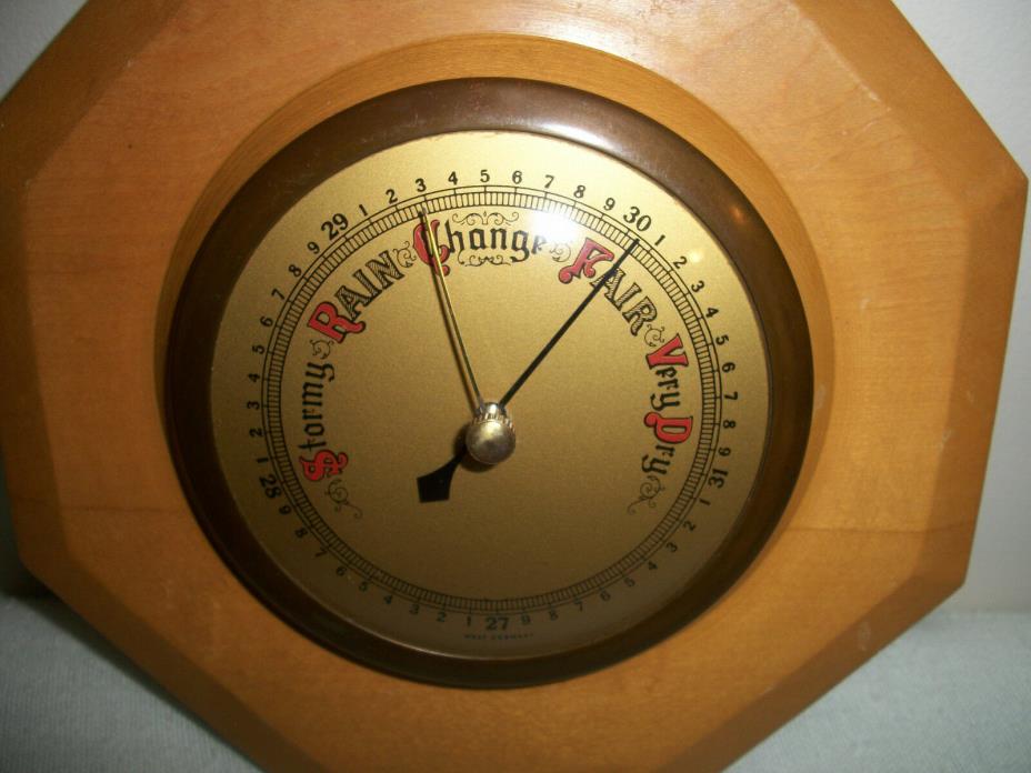 Vintage West Germany Wood & Brass Hanging Barometer 8” Diameter