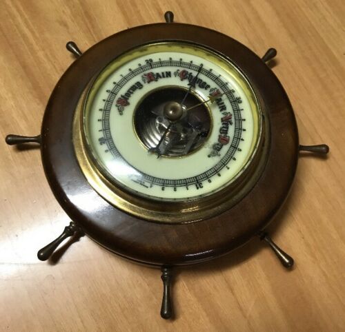 Vintage Ship's Wheel BAROMETER/THERMOMETER in Brass and Wood/Germany