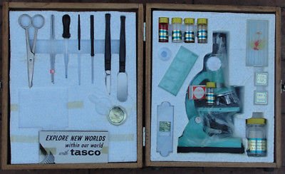 Vintage Never Used 1970 Tasco Deluxe 750x Microscope Kit #972 in Wood Case
