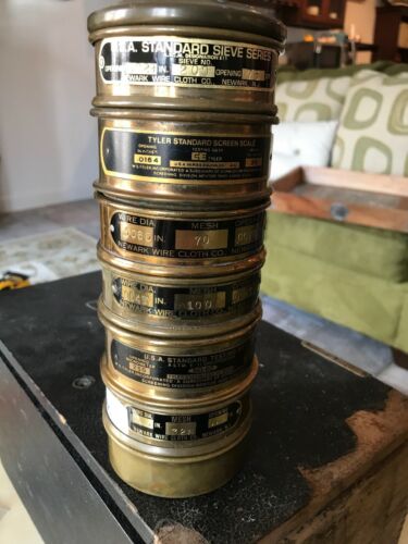 Six Brass sieves Stackable With Pan and Lid