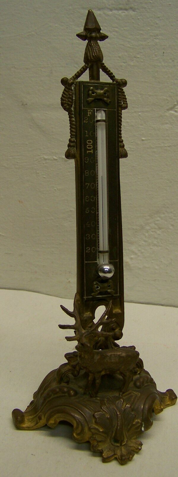 antique victorian cast bronze brass thermometer elk/stag silver vial