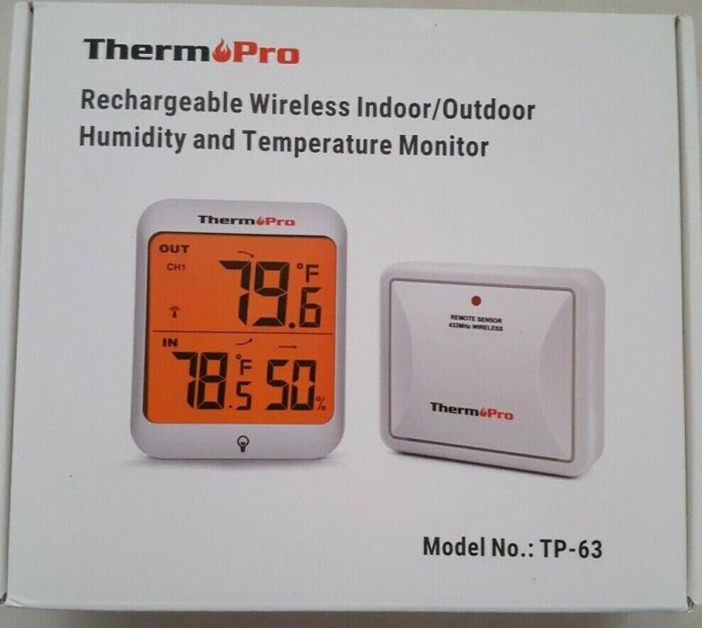 THERMPRO TP-63 RECHARGEABLE WIRELESS INDOOR/OUTDOOR HUMIDITY & THERMOMETER