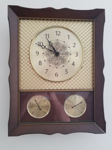 Vintage Westclox Brass Screen Wall Clock with Temperature and Humidity 60's-70's