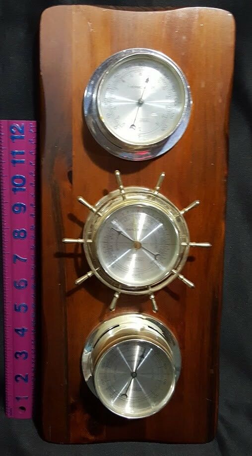 WEATHER INSTRUMENT BAROMETER THERMOMETER ON WOOD BASE    FREE Expedited SHIPPING