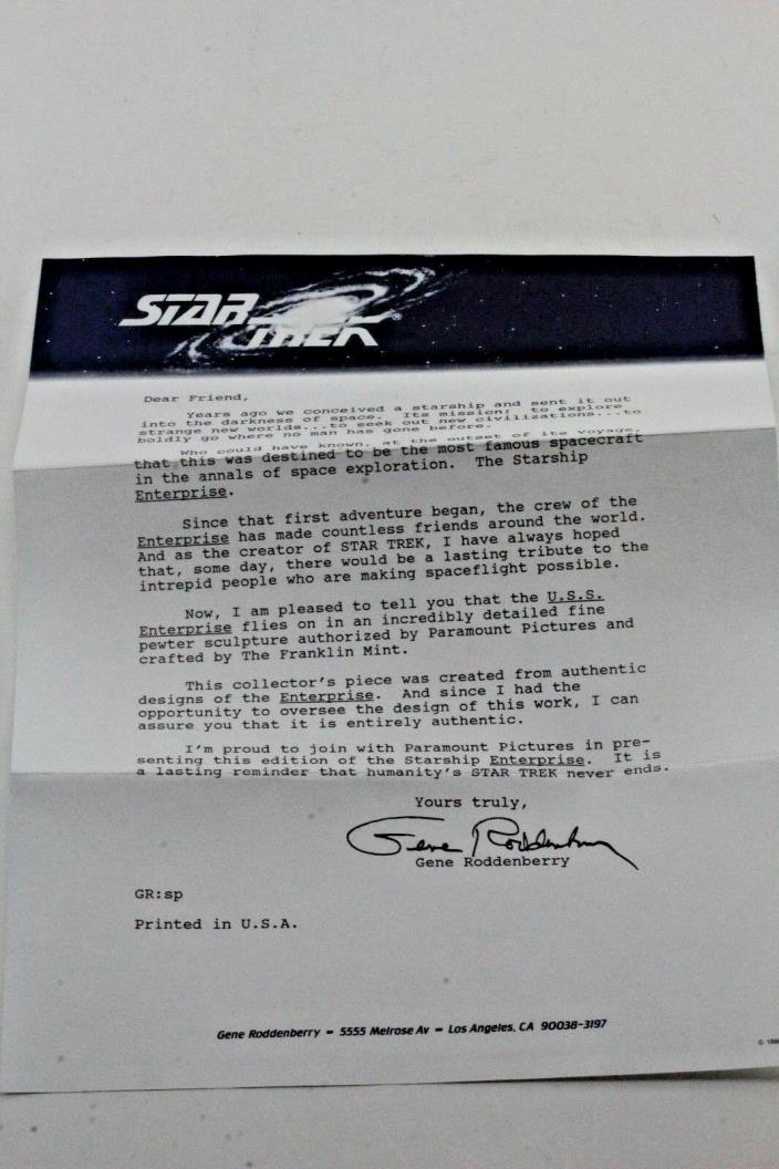 Letter Of Introduction For Pewter Model Starship Enterprise From Franklin Mint.
