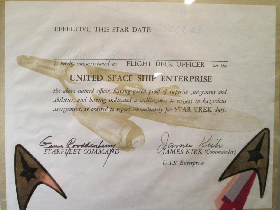 UNITED SPACE SHIP ENTERPRISE FLIGHT DECK OFFICER COMMISSIONED CERTIFICATE