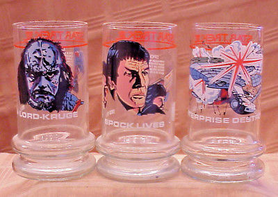 STAR TREK III === Set Of 3 Taco Bell Glasses - Spock Lives, Kruge, Enterprise