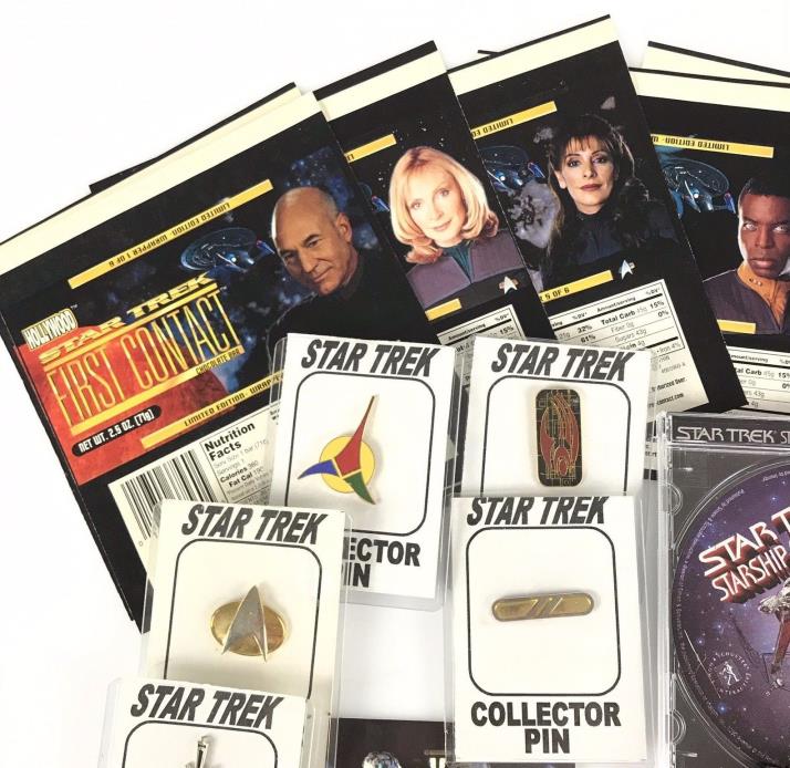 Star Trek Lot Communicator Pins Pinback Patches Postcards Candy Bar Wrappers