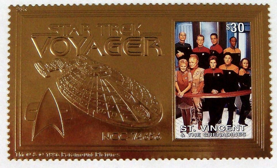 96' MNH St. Vincent Star Trek Voyager 23kt Gold Foil Stamp Janeway Sci-Fi Stamps
