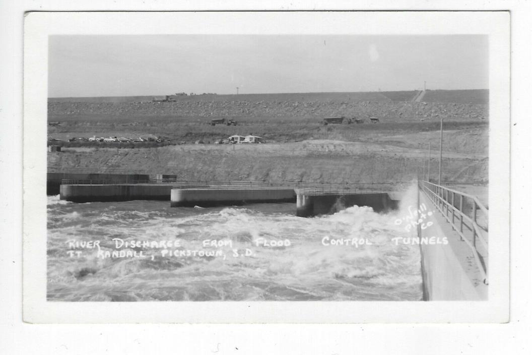 PICKSTOWN SD RIVER DISCHARGE FROM FLOOD AT FORT RANDALL O'NEILL PHOTO RPPC 1950s