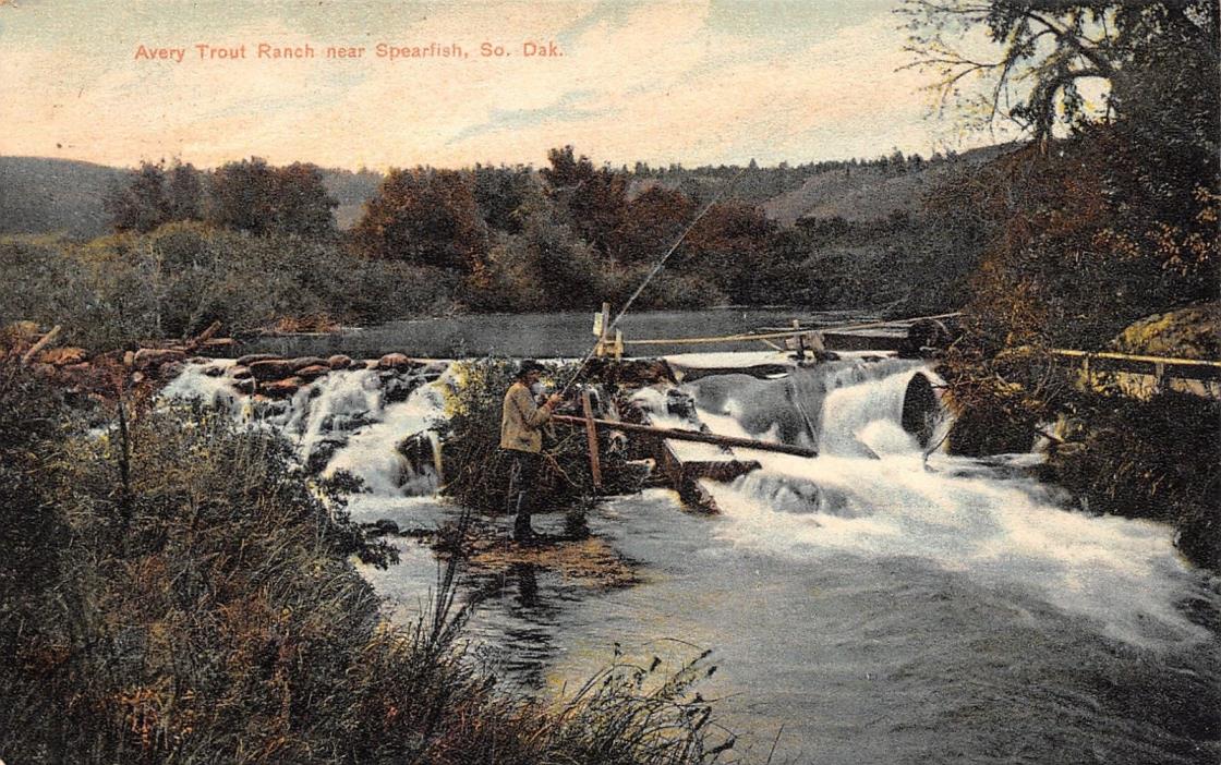 Spearfish South Dakota~Avery Trout Ranch~Man Fishing at Spillway~1908 Postcard