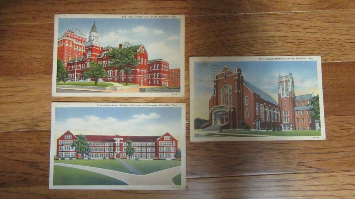 3 Vintage Knoxville TN Post Cards Methodist Church U.T. Ag Bldg. Court House