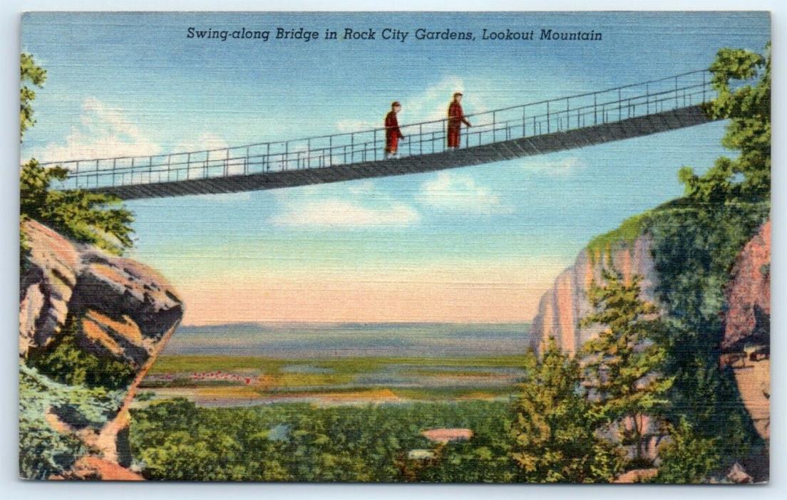 Postcard TN Swing-Along Bridge Rock City Gardens Lookout Mountain Linen View G4