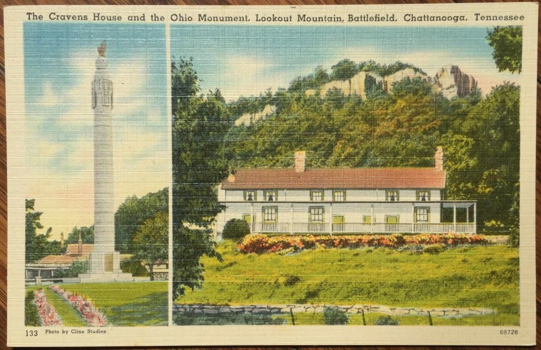 Chattanooga, TN Postcard: Cravens House, Ohio Monument, Battlefield, Lookout Mtn