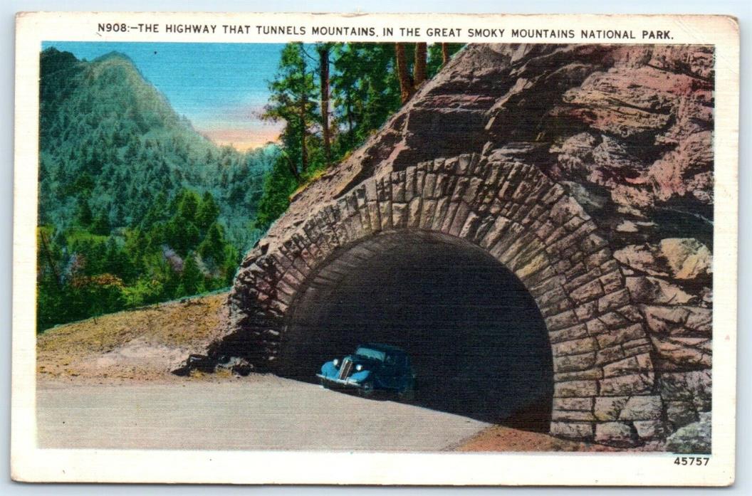 Postcard TN Highway Tunnel Great Smoky Mountains National Park Old Car Vtg G4