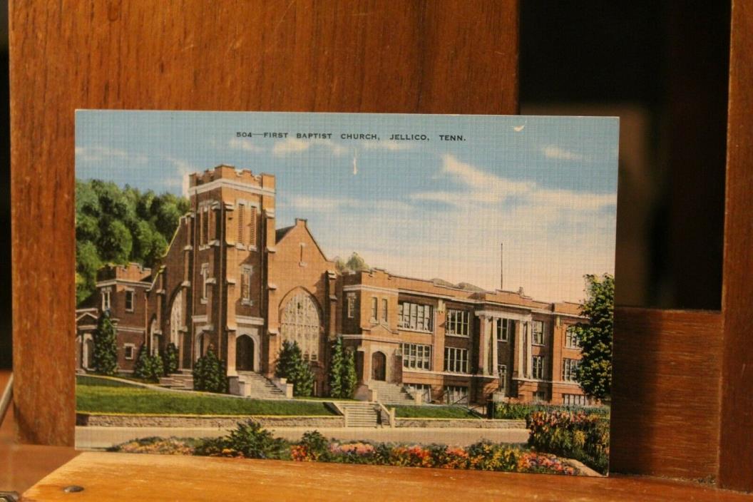 Vintage 1940's Jellico First Baptist Linen Postcard Grace Moore Tennessee