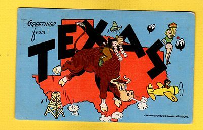 TEXAS TX Kropp Comic state Map Series, oil well,airplane,bull,lady with produce