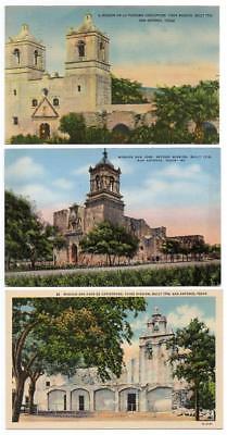 2493:* Texas MISSIONS First Three c1930/40 Linen Postcards (3)