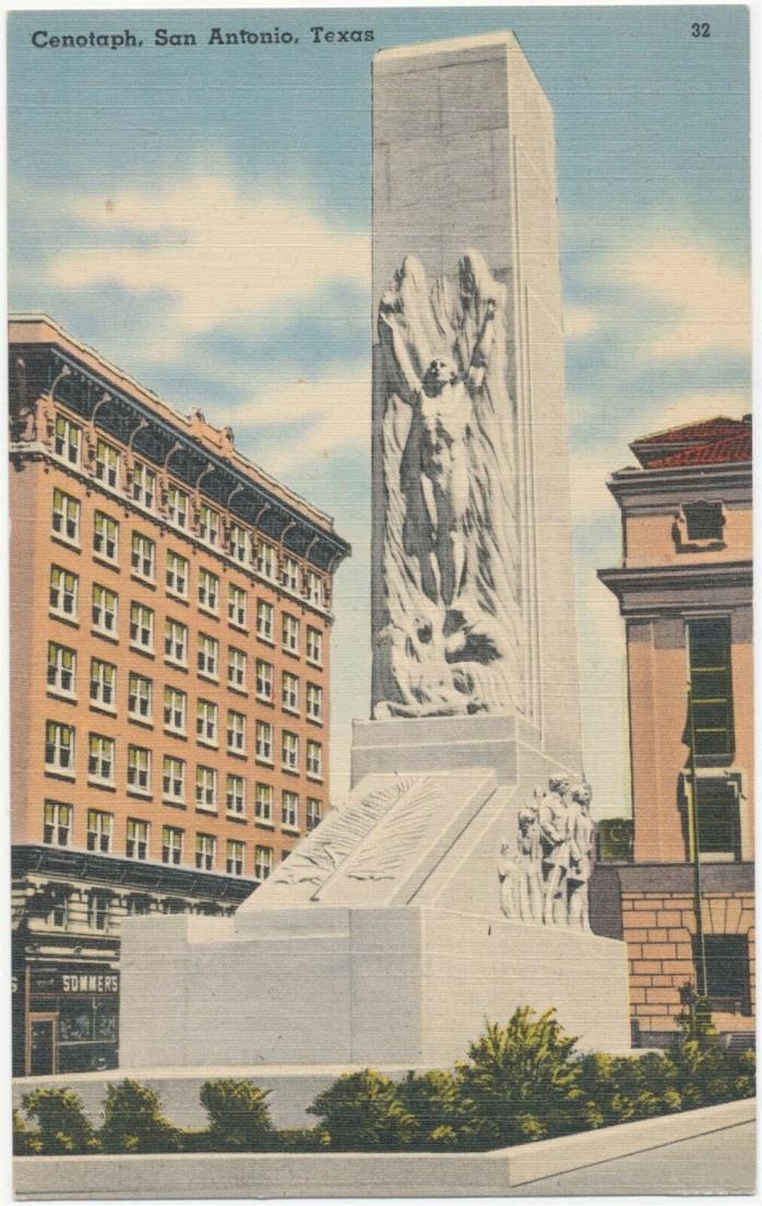 Alamo Plaza Cenotaph, San Antonio Texas Linen Postcard c1940 Spirit Of Sacrifice