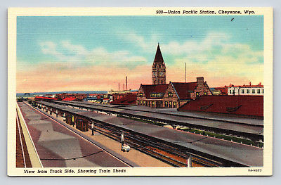 Postcard Union Pacific Station Train Tracks Sheds Cheyenne Wyoming Vintage A25