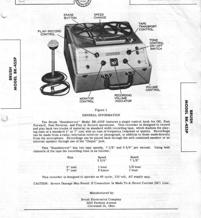 MANUAL & SCHEMATIC REEL RECORDER BRUSH MODEL BK-455P SOUNDMIRROR