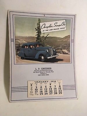 1938 CHRYSLER PLYMOUTH GAS STATION CALENDAR VINTAGE AUTOMOBILE ADVERTISING SIGN