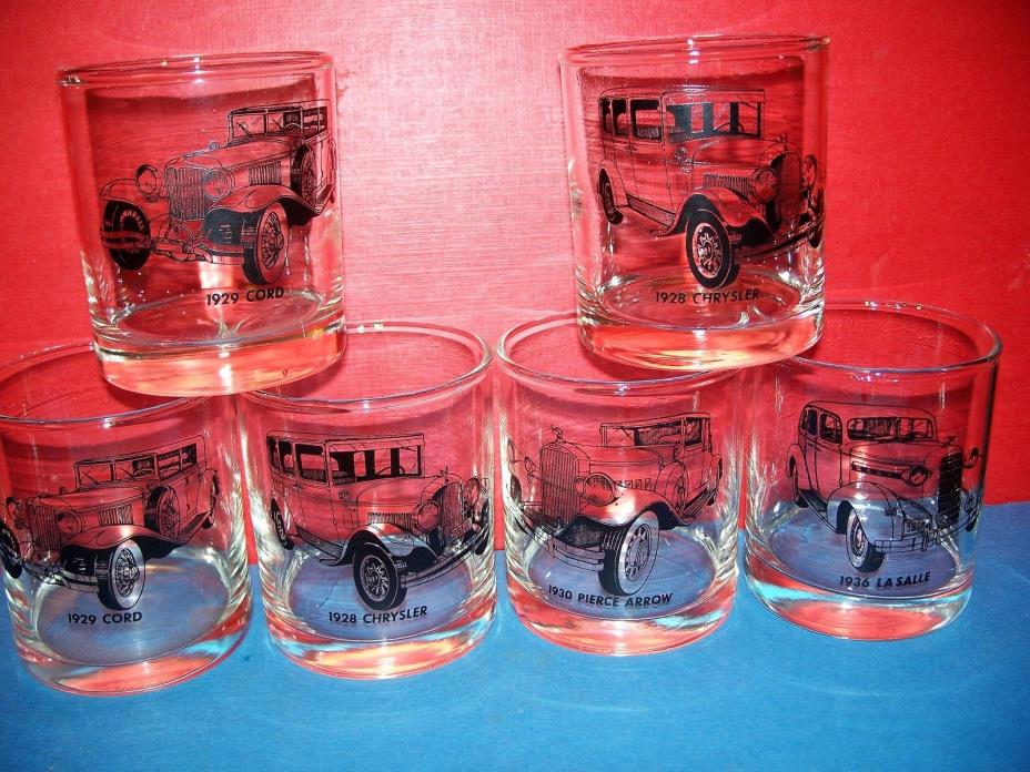 Lot of 6 Vintage Automobile Drinking Glasses 1930 Pierce Arrow 1936 La Salle CAR