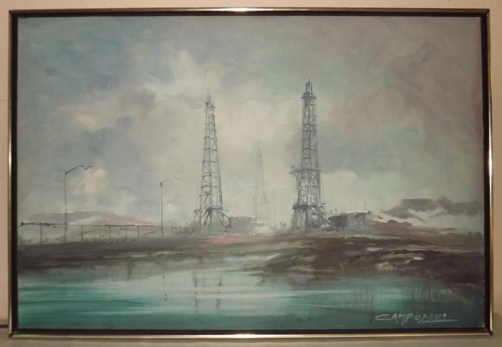 Listed Jose Luis Campuzano (1918-1979 Spain) oil Drilling Rigs oil canvas framed