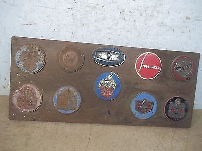 Old Wood Wall Plaque with 10 Old Car Badges from Wheaties Boxes