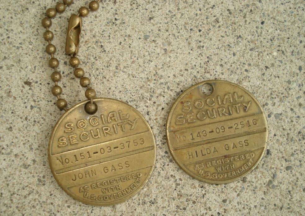Lot 2 Vintage Social Security Round Keychain Fob Tags Engraved NY WORLDS FAIR