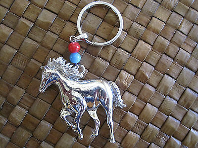 Key Chain Silver Tone Horse Red and Blue Bead Vintage