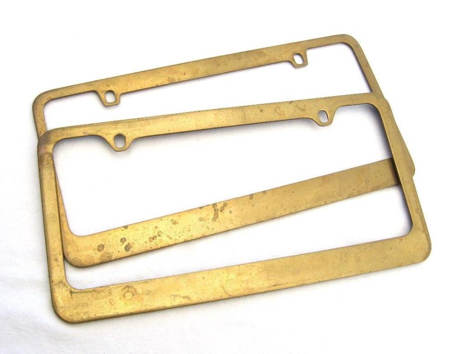 (2) Old Chevrolet GMC Ford Dodge Truck Vintage Aged Brass License Plate Frames
