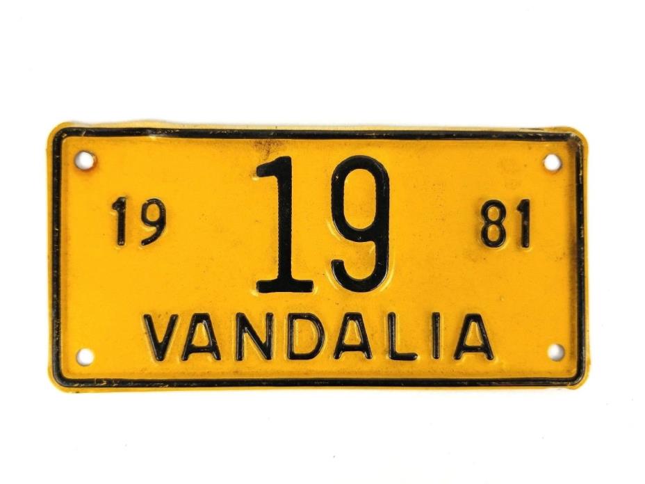 Vintage Vandalia Illinois 1981 Yellow Bicycle License Plate Tag