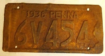 Original 1938 PENNSYLVANIA License Plate PENNA '38 6V454