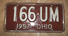 Nice 1957 OHIO License Plate Vintage Tag# 166-UM, Expired Antique License Plate