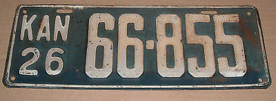 1926 Kansas License Plate 66-855 Car Tag