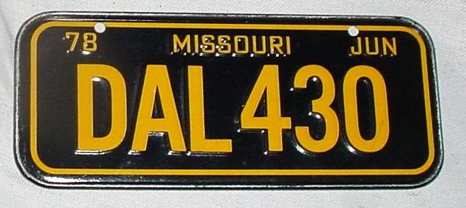 1978 Mini State LICENSE PLATE • MISSOURI • DAL 430 • Cereal Bicycle
