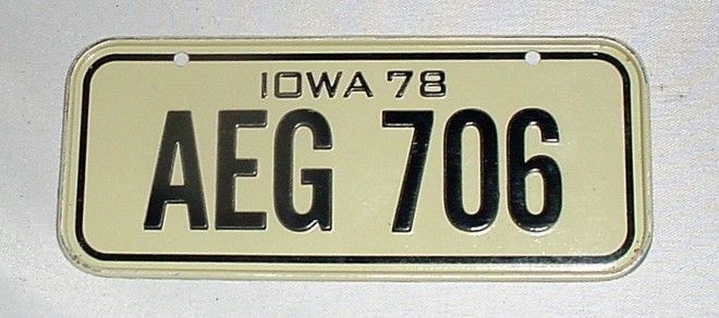 1978 Mini State LICENSE PLATE • IOWA • AEG 706 • Cereal Bicycle