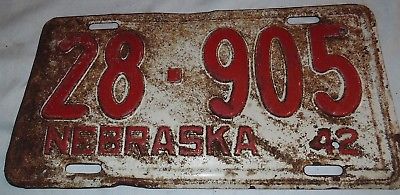 Nebraska License Plate, 1942, Single, HOT, RAT ROD, Vintage, 28-905,  Hamilton