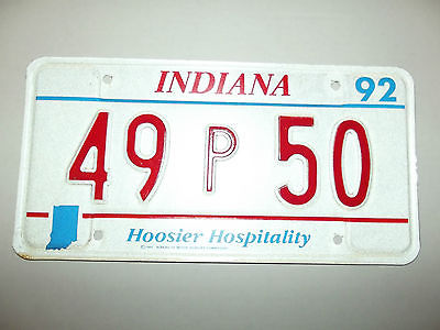 1992 INDIANA HOOSIER HOSPITALITY License Plate tag # 49p 50 used expired plate