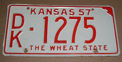 1957 Kansas License Plate DK-1275 Dickinson County Car Tag