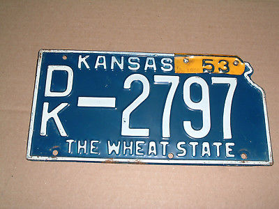 1953 Kansas License Plate DK-2797 Dickinson County Car Tag State Map Shape