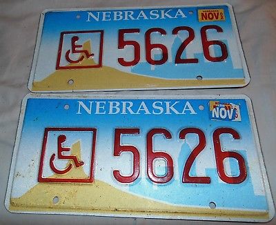 Nebraska License Plates, Set of (2) Handicap, 2002 Sticker, HOT, RAT ROD, (T)
