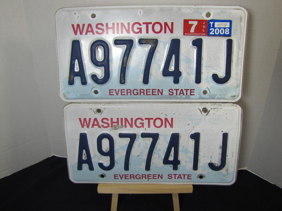 PAIR of WASHINGTON EVERGREEN STATE LICENSE PLATE # A97741J JULY 2008 STICKER