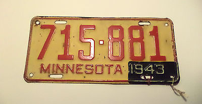 Vintage 1942 43 WWII ERA MINNESOTA License Plate Tag #715-881 Expired With TAG