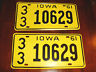 IOWA 1961 License Plate Tag# 33 10629 , Nice Unused Pair of Antique IOWA Tags