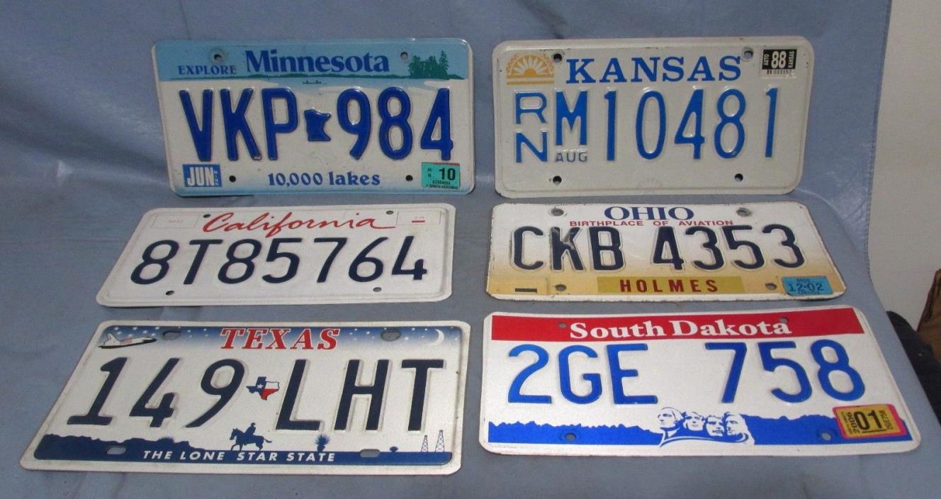 Lot of 6 KS OH TX CA MN SD Car/Truck License Plates Tags Man Cave Garage Bar