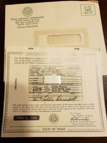 1958 CADILLAC FORDOR HDTP.VEHICLE CERTIFICATE TITLE HISTORICAL DOCUMENT TEXAS