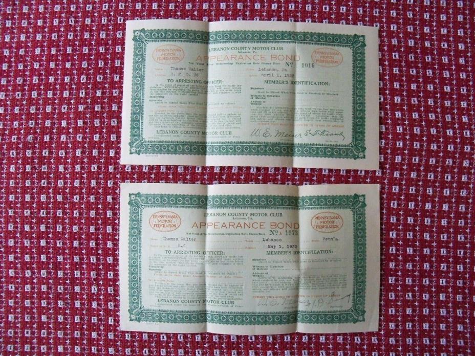 Lebanon County PA Motor  Club Appearance Bonds 1928, 1932